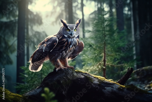 A beautiful owl on a branch in the middle of the forest 