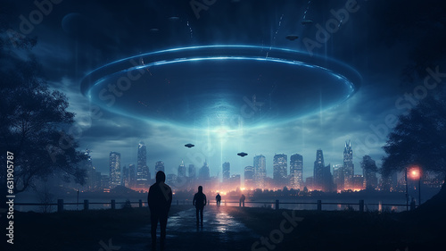 alien visit, flying UFO saucer lands in mysterious atmosphere of night fog