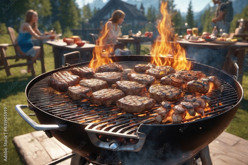Fototapeta premium High-angle view of a barbecue grill with burgers cooking on a picnic table