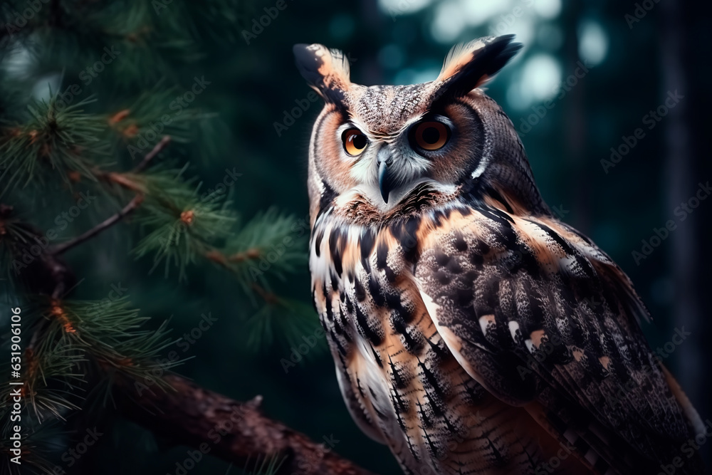 A beautiful owl on a branch in the middle of the night forest A beautiful owl on a branch in the middle of the night forest
