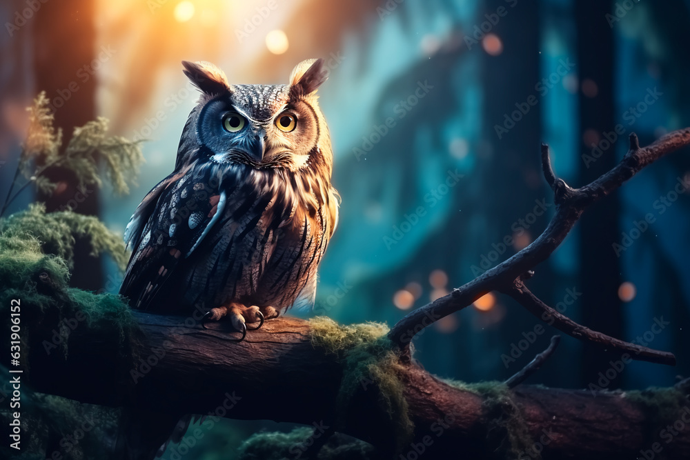 A beautiful owl on a branch in the middle of the night forest A beautiful owl on a branch in the middle of the night forest