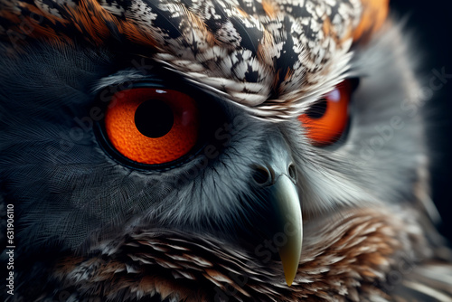 Close-up of an owl's face. Orange owl eyes