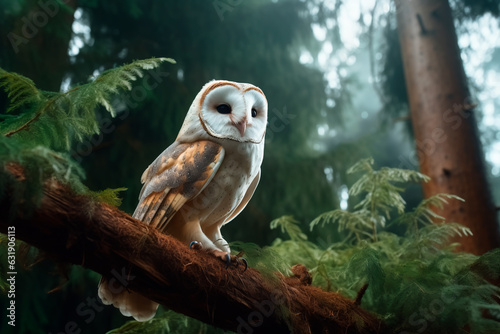 A beautiful barn owl on a branch in the middle of the forest