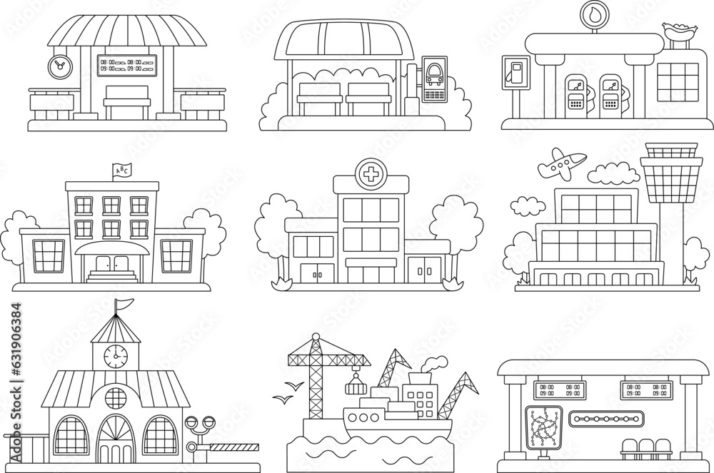 Vector black and white city transportation places set. Bus stop, metro, railway, gas station line clipart. Cute flat hospital, school, airport, seaport icons. Funny public transport coloring page.