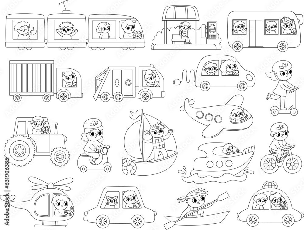 Vector black and white transportation set with children. Funny line water, land, air transport collection with drivers for kids. Cars and vehicles clip art. Cute car, train, bus icons, coloring page