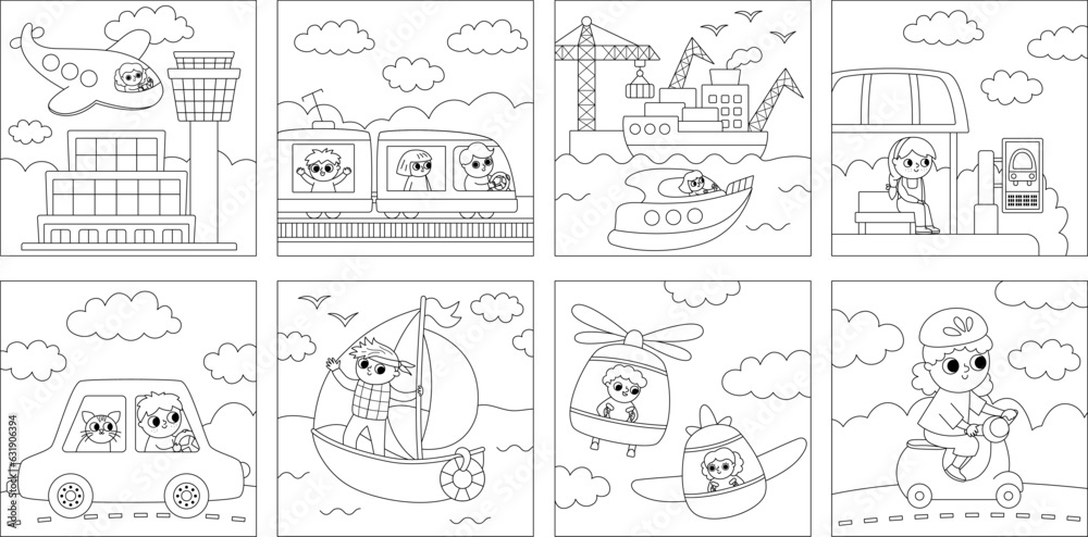 Vector black and white transportation scenes set. Cute line kids driving transport. City, air, sea, road vehicles square landscapes, coloring page with boys and girls. Cartoon children on a car.