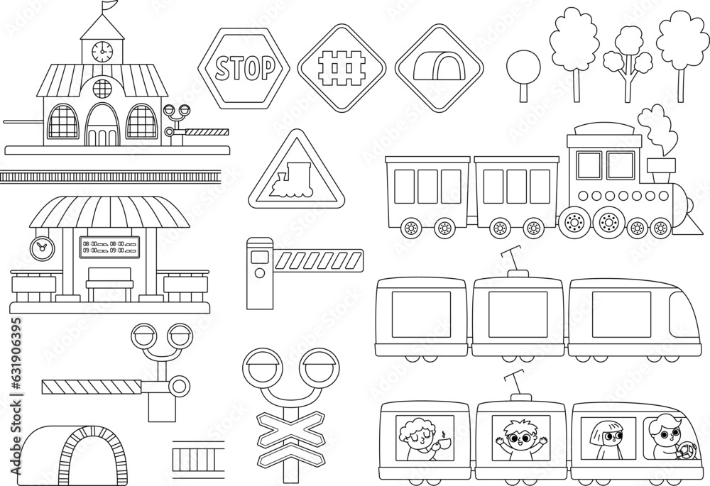 Vector black and white railway transport set. Funny line railroad transportation collection with train, steam train, road signs, station clipart for kids. Cute rail vehicle icons, coloring page