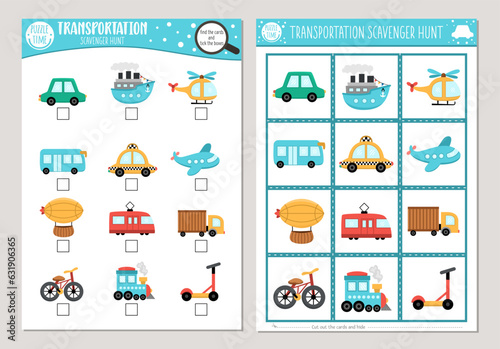 Vector transportation scavenger hunt cards set. Seek and find game with cute car, bus, truck, train, for kids. Transport searching activity. Simple educational printable worksheet with vehicles.