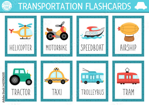 Vector transportation flash cards set with car, speedboat, helicopter, tram, taxi. English language game with cute transport for kids. Vehicles flashcards. Simple educational printable worksheet.