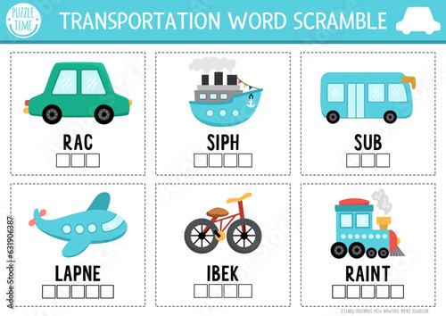Vector transportation word scramble activity page. English language game with car, ship, train, bike, plane, bus for kids. Transport family quiz with vehicles. Educational printable worksheet.