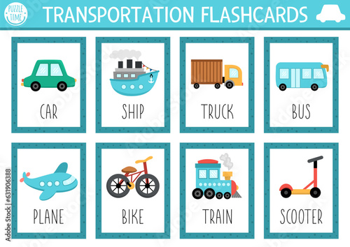 Vector transportation flash cards set with car, ship, truck, bike, plane, train, bus. English language game with cute transport for kids. Vehicles flashcards. Simple educational printable worksheet.