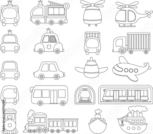 Vector black and white transportation set with front and side view. Funny line water, land, air underground transport for kids. Cars and vehicles clip art. Cute car, train icons or coloring pages.