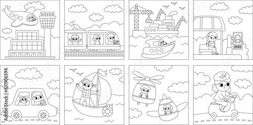 Vector black and white transportation scenes set. Cute line kids driving transport. City, air, sea, road vehicles square landscapes, coloring page with boys and girls. Cartoon children on a car.