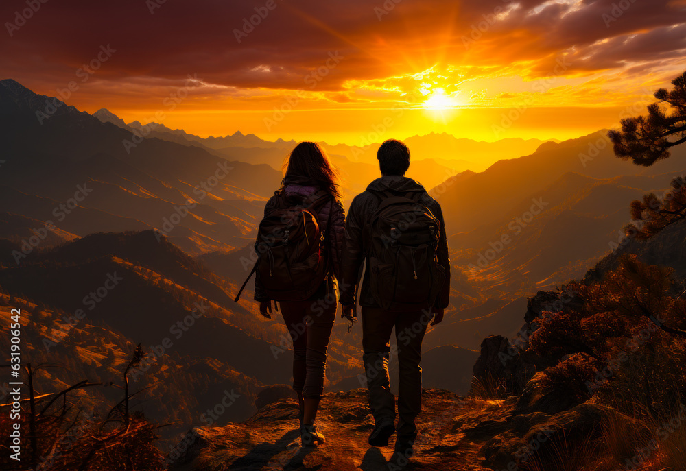 Couple of backpackers standing on the high rock. Travelers looking at beautiful mountains at sunset.