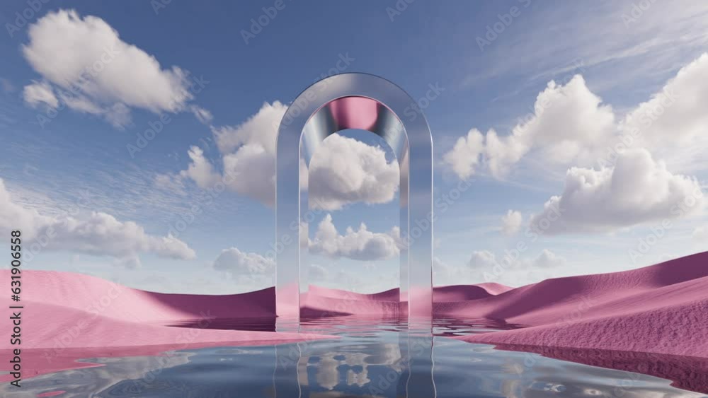 Abstract background of white clouds floating in the blue sky above the pink sand dunes and calm water. Surreal fantastic landscape with metallic arch in the middle of desert. 3d slow motion animation