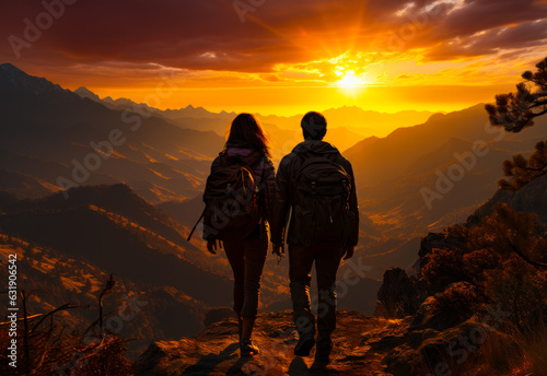 Couple of backpackers standing on the high rock. Travelers looking at beautiful mountains at sunset.