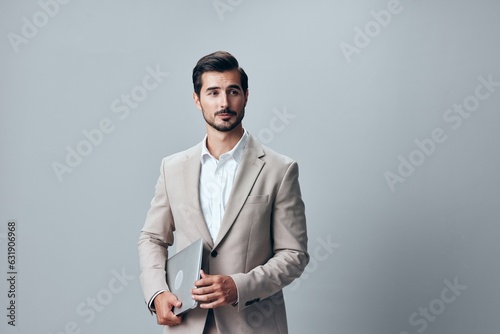 handsome man suit freelancer job copyspace laptop computer smiling internet business