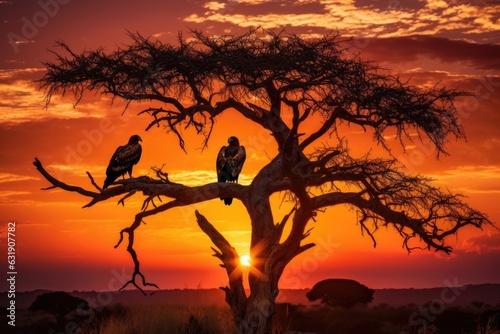 Tawny vultures at sunset in Serengeti National Park, Tanzania, A captivating image of a majestic African eagle perched on a tree branch, its feathers billowing in the wind, AI Generated