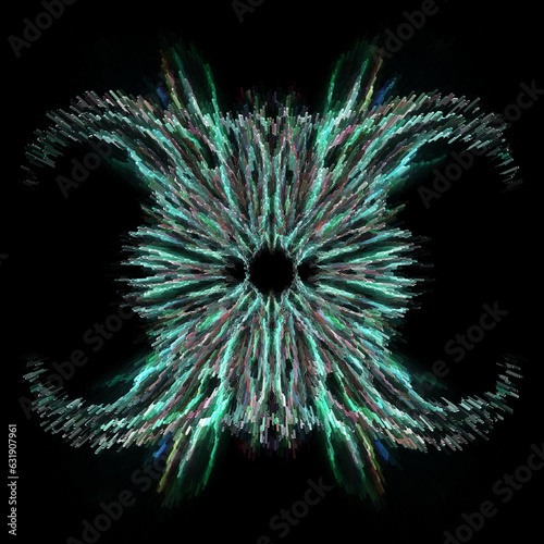 delicate and glowing spiky design in shades of dull green on a black background