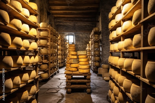 Cheese in a cellar of a winery in South Italy. A cheese aging cellar with rows of cheese wheels on wooden shelves, AI Generated photo
