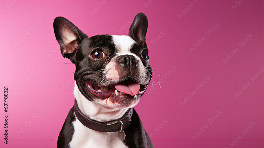 A joyful boston terrier on a plum background