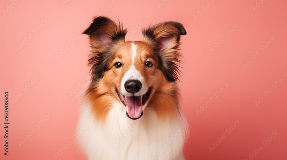 A cheerful collie on a coral background
