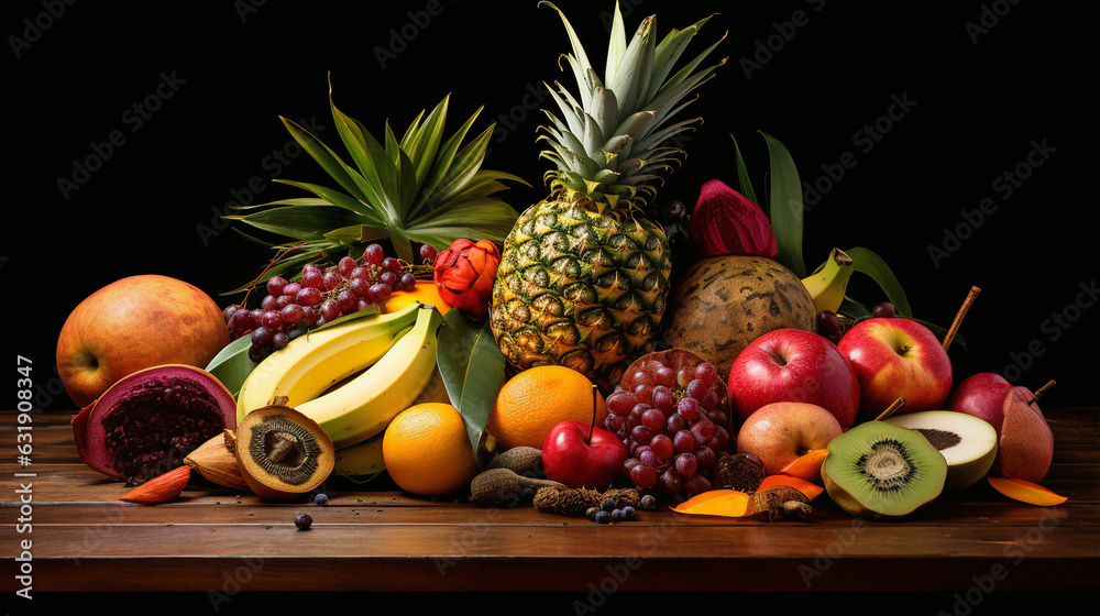Exotic fruits arranged artistically on a wooden table