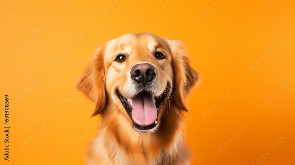 A happy golden retriever on an orange background