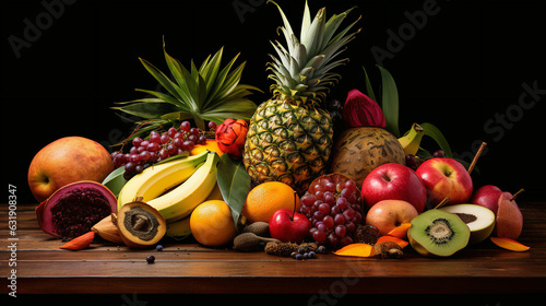 Exotic fruits arranged artistically on a wooden table