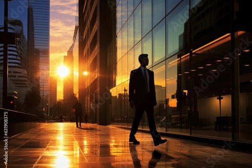 Silhouette of a businessman walking in the city at sunset. A contemporary image of a business person silhouette, AI Generated
