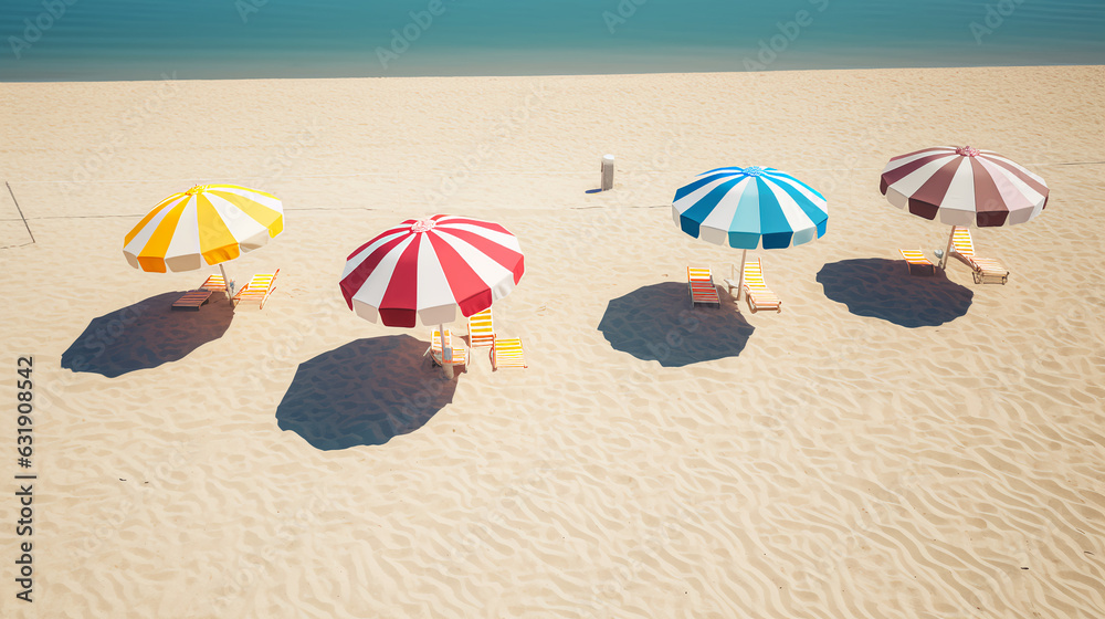 Colorful beach umbrellas casting long shadows on the sand