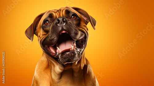 A delighted bullmastiff on a gold background