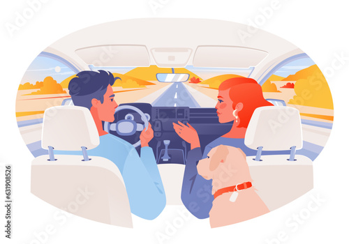 Travel-themed vector illustration featuring characters, smiling couple and friends traveling on highway by car. Traveling with dog. Outside window is picturesque fall landscape with mountains and hill