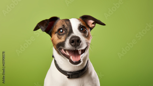 A happy jack russell terrier on an olive background