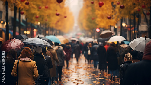 the flow of people with umbrellas on a pedestrian street autumn weather in the city © kichigin19