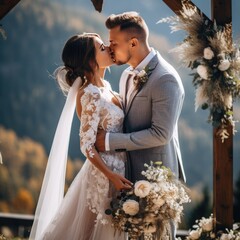 portrait of young bride and groom enjoying romantic moments outside at sunset in beautiful summer day. Wedding couple. Generative ai
