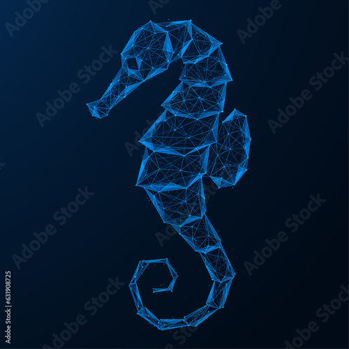 Seahorse. Low-poly design of interconnected lines and dots. Blue background.