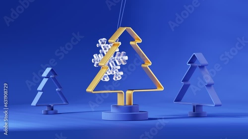 looping 4K animation, endless Christmas scene, festive spinning fir tree pendulum isolated on blue background. Seamless motion design. 3d render live image