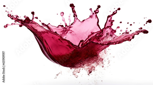 Red splash of juice on a white background. Abstract bright splashes close up. Swirl red wine wave flow with drops. 