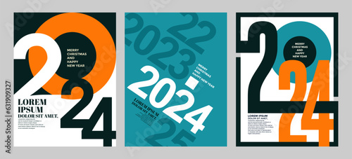 2024 colorful set of Happy New Year posters. Abstract design typography logo 2024 for vector celebration and season decoration, backgrounds, branding, banner, cover, card and or social media template.
