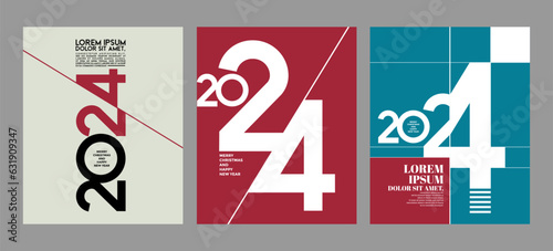 2024 colorful set of Happy New Year posters. Abstract design typography logo 2024 for vector celebration and season decoration, backgrounds, branding, banner, cover, card and or social media template.