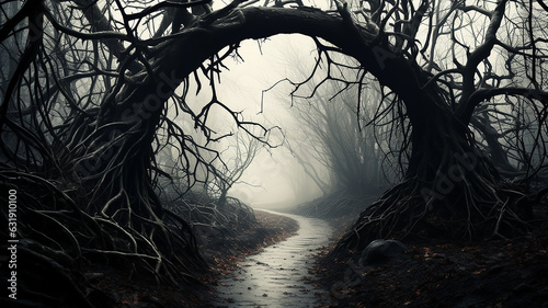 halloween gloomy dark background autumn forest of horror, round arch of branches, entrance to the foggy