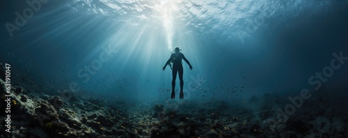 Diving lesson in open water. Scuba diver before diving into ocean. generative ai