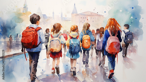 watercolor painting drawing a group of friends school children go back to school view from the back with backpacks