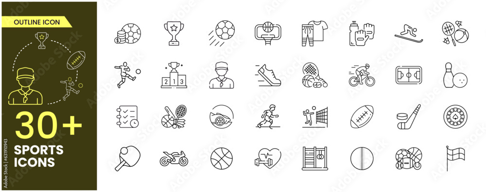 Collection of vector line icons of the sport. Icons of active lifestyle, hobbies, sports equipment, and clothing. Set of flat signs and symbols.