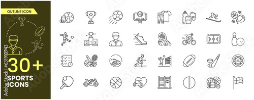 Collection of vector line icons of the sport. Icons of active lifestyle, hobbies, sports equipment, and clothing. Set of flat signs and symbols.