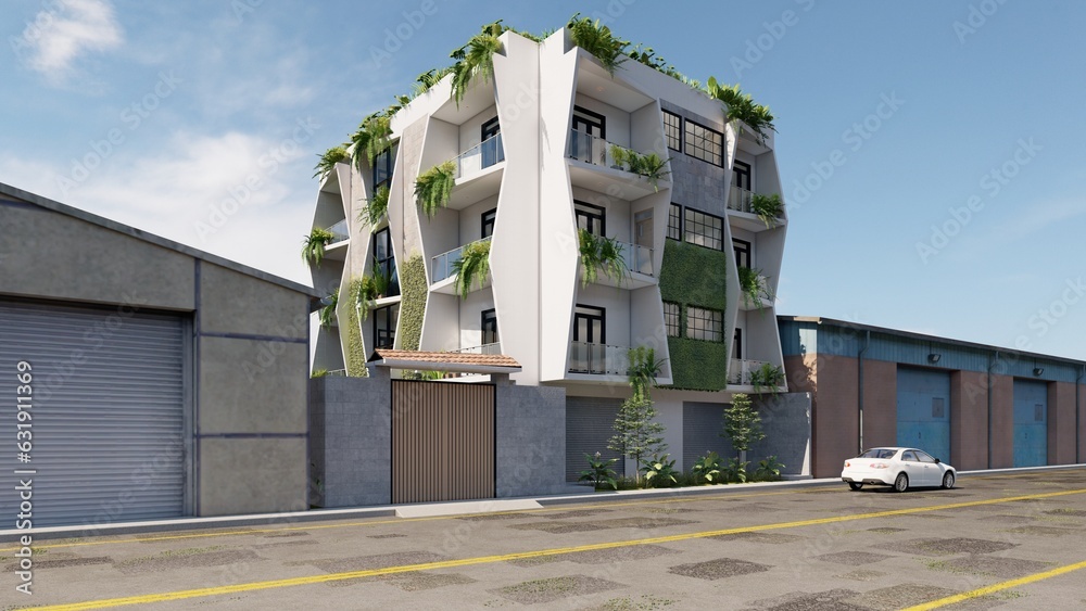 View of Four-story multi-family building, with concrete, wood and flagstone ...
