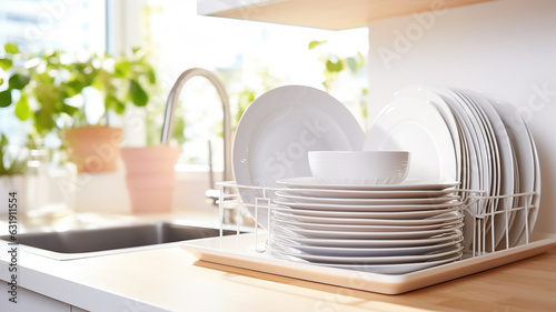 a stack of clean washed dishes in the kitchen indoor.