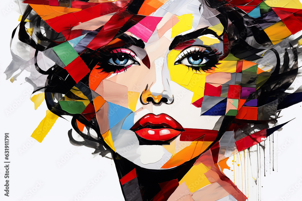 Beauty, fine art, fashion concept. Abstract modern art collage of woman portrait made of various and colorful geometric shapes and paint strokes. Generative AI