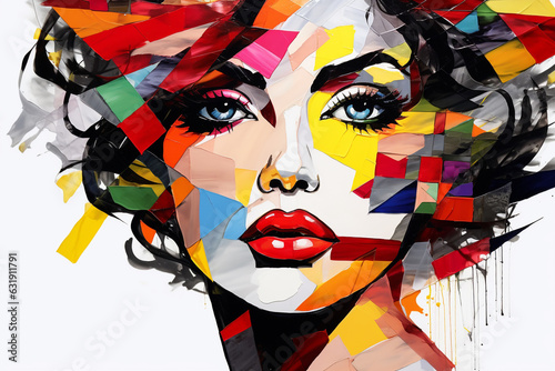 Beauty  fine art  fashion concept. Abstract modern art collage of woman portrait made of various and colorful geometric shapes and paint strokes. Generative AI
